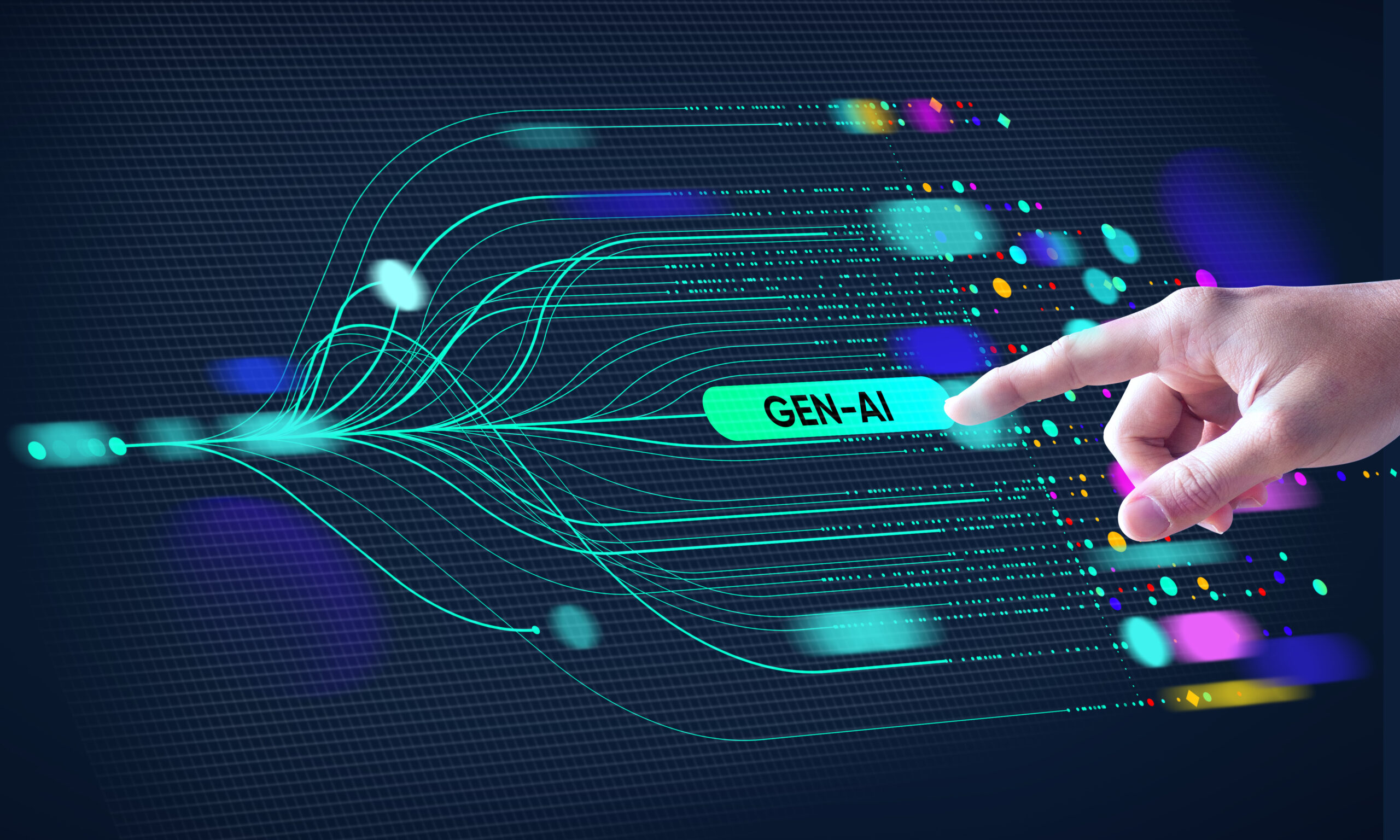 Illustrazione concettuale di un sistema di intelligenza artificiale generativa (Gen-AI): una mano umana interagisce con un flusso di dati digitali colorati che convergono verso un nodo centrale etichettato 'GEN-AI', rappresentando l’interconnessione tra input umani e potenza computazionale dell’intelligenza artificiale.