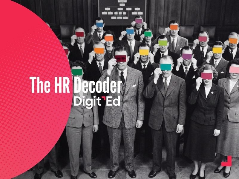 Copertina HR Decoder luglio raffigurante una serie di uomini e donne con gli occhi copertina da rettangoli colorati