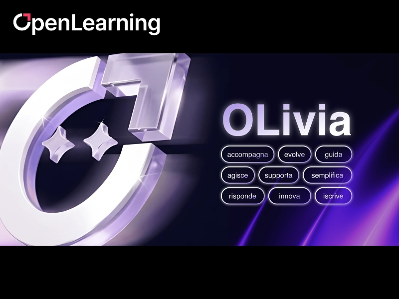 Immagine rappresentativa di OLivia, la nuova assistente virtuale basata su AI per la piattaforma OpenLearning. L'immagine riporta una O grande, il nome OLivia e le sue principali caratteristiche: