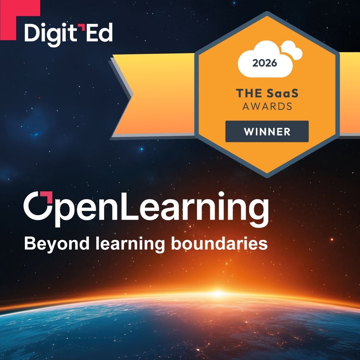 SAAS AWARDS 17_9 OpenLearning, vincitrice dei The SaaS Awards 2026, su sfondo spaziale.